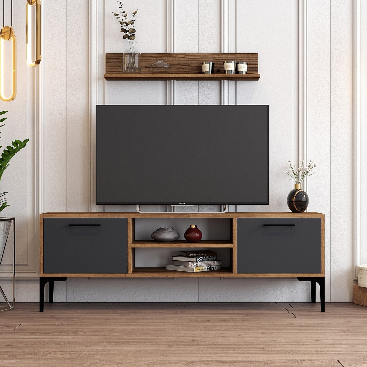 Comoda TV, Hanah Home, Riga, 140x48x30 cm, Nuc / Antracit - imagine 6